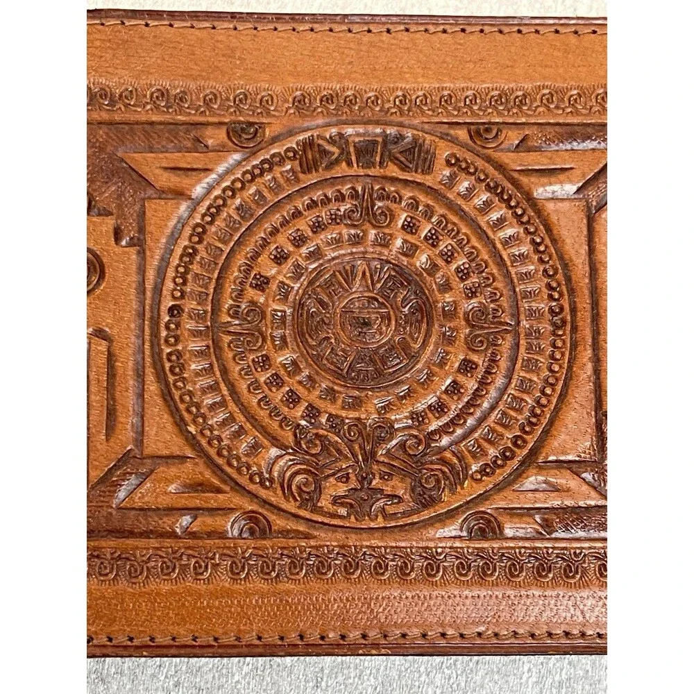 VTG Handcrafted Mexican Tooled Leather Bifold Wallet Aztec Calendar Sun ID Slot